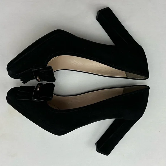 Prada Logo Black Suede Square Toe Block Heels Pumps size 38.5 - Picture 5 of 9